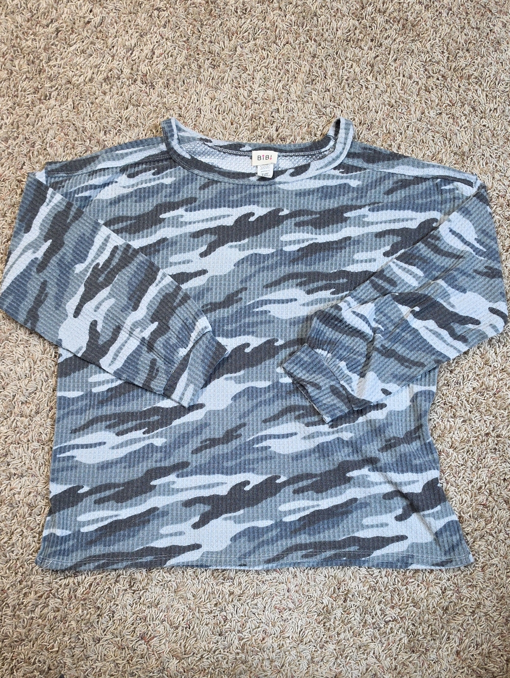 BiBi Blue and Gray Camo Long-Sleeve Tee Open Shoulder